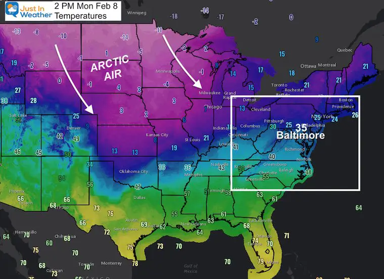 February 8 weather temperature Monday afternoon