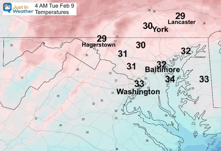 February 9 weather temperature 4 AM