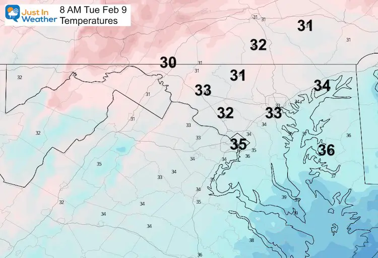 February 9 weather temperature 8 AM