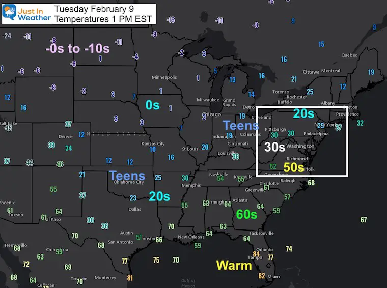 February 9 weather temperatures Tuesday 1 PM