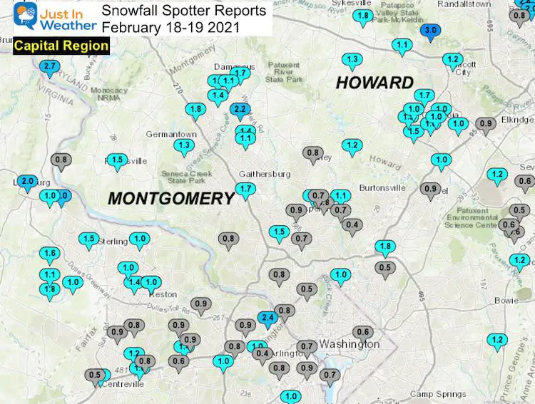 Snow Spotter Reports February 19 Maryland Capital Region