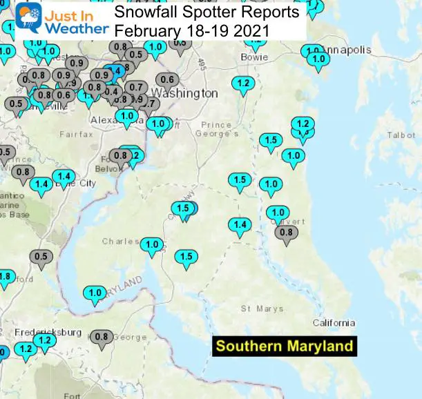 Snow Spotter Reports February 19 Maryland Southern