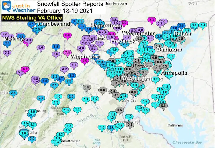 Snow Spotter Reports February 19 Maryland Virginia WV