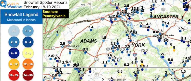 Snow Spotter Reports February 19 Pennsylvania Southern