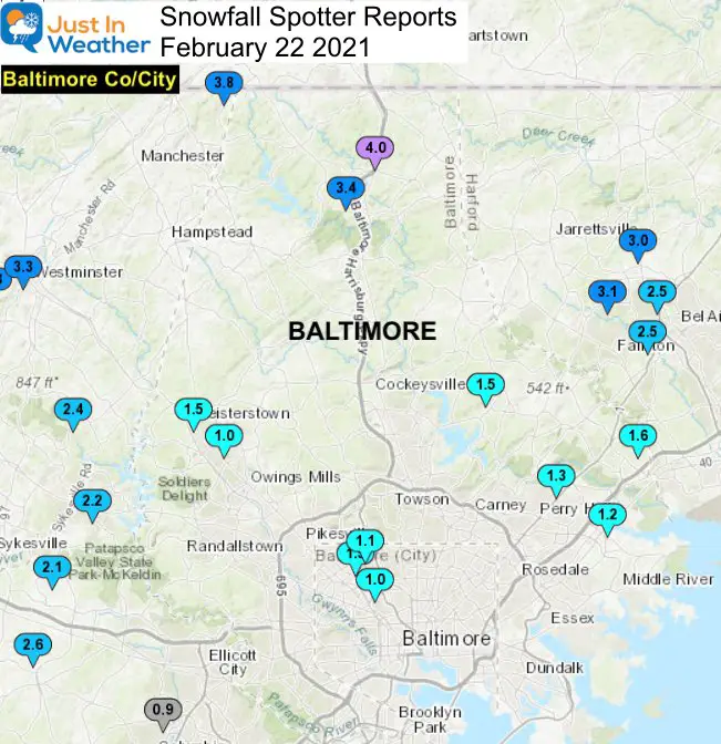 Snow Spotter Reports February 22 Maryland Baltimore