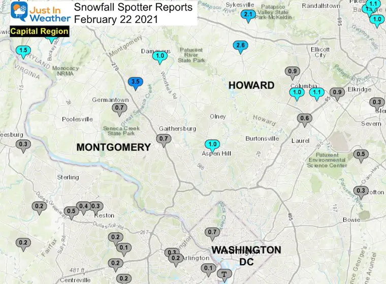 Snow Spotter Reports February 22 Maryland Capital Region