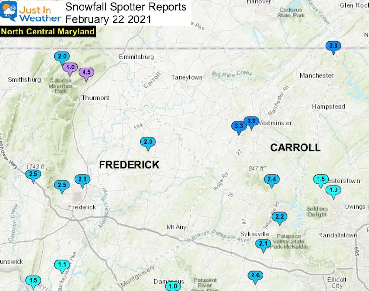 Snow Spotter Reports February 22 Maryland North Central