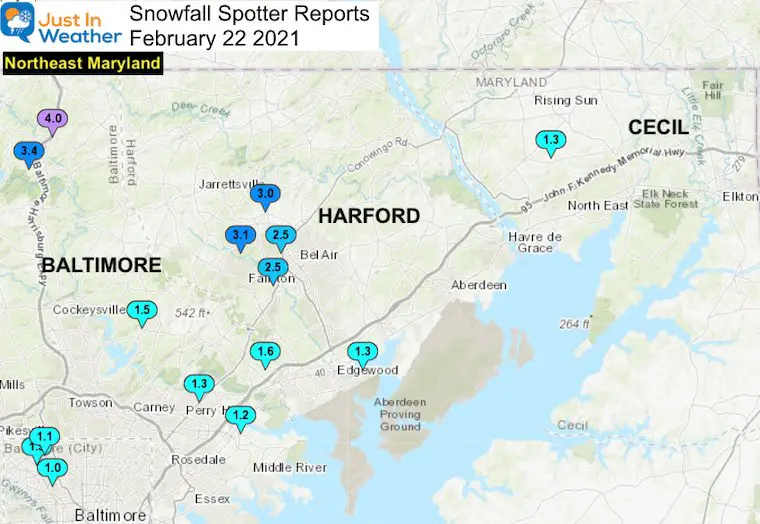 Snow Spotter Reports February 22 Maryland Northeast