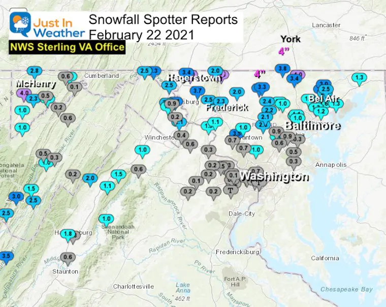 Snow Spotter Reports February 22 Maryland Virginia