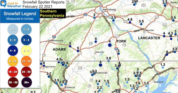 Snow Spotter Reports February 22 Pennsylvania Southern