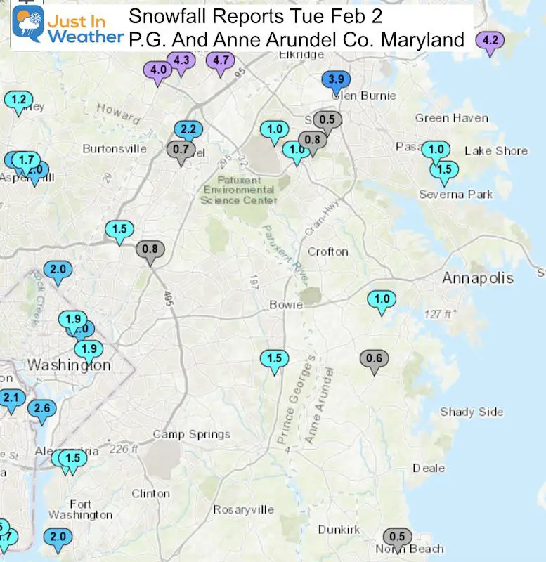 Snow Storm Ending Feb 2 Report Maryland Anne Arundel and PG