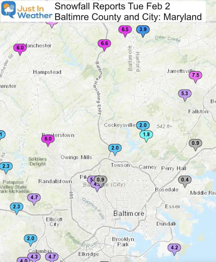 Snow Storm Ending Feb 2 Report Maryland Baltimore