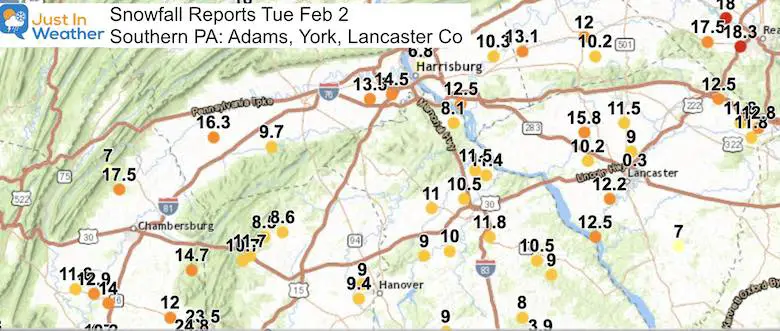 Snow Storm Ending Feb 2 Report Pennsylvania Adams York Lancaster
