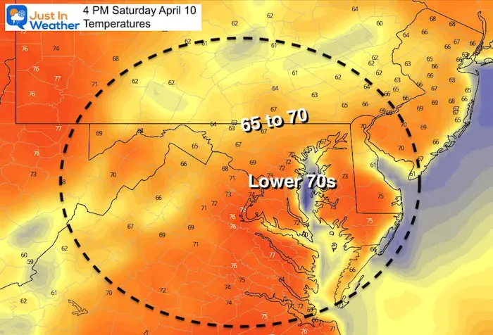 April 10 weather temperatures Saturday afternoon