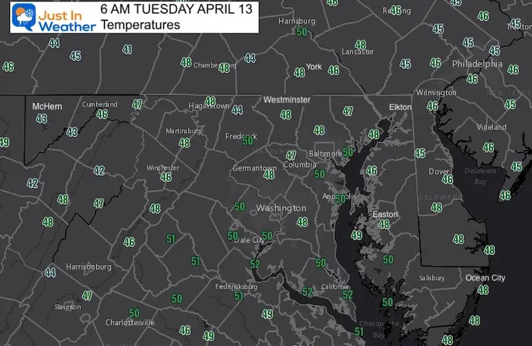 April 13 weather Tuesday morning temperatures