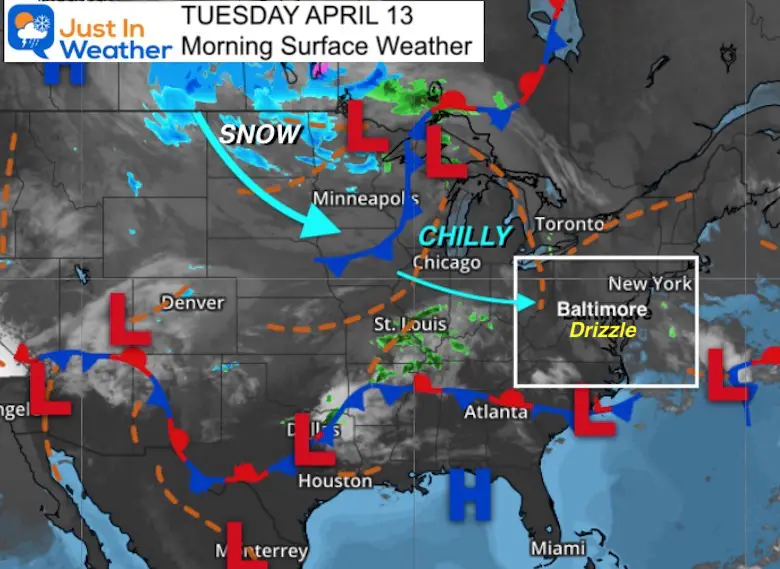 April 13 weather Tuesday morning