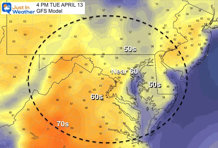 April 13 weather temperatures Tuesday afternoon