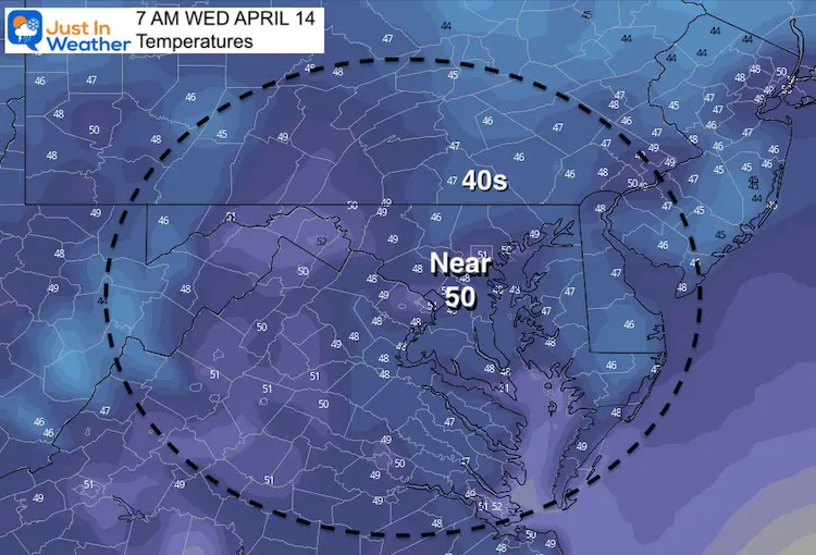 April 13 weather temperatures Wednesday morning