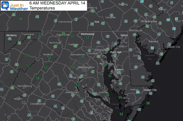 April 14 weather temperatures Wednesday morning