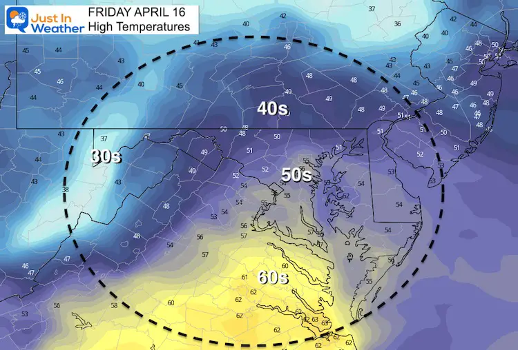 April 16 weather temperature Friday afternoon