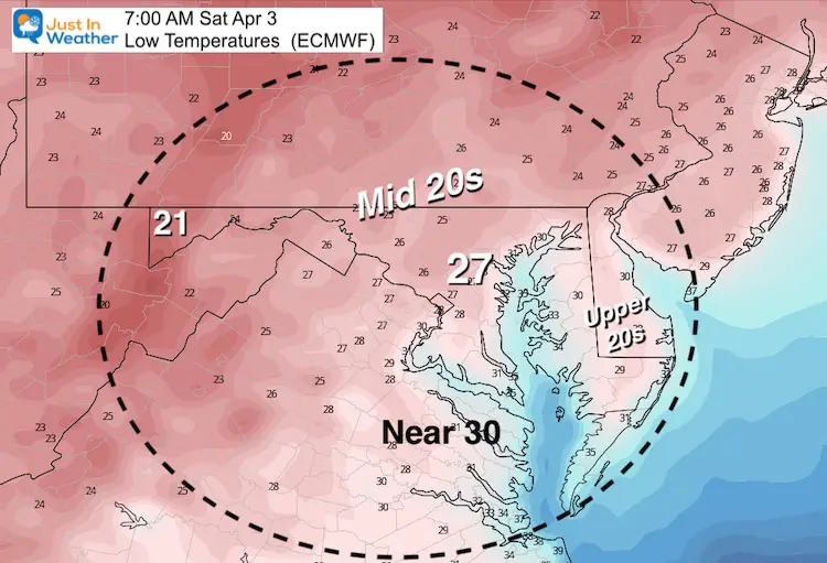 April 2 weather low temperatures Saturday ECMWF