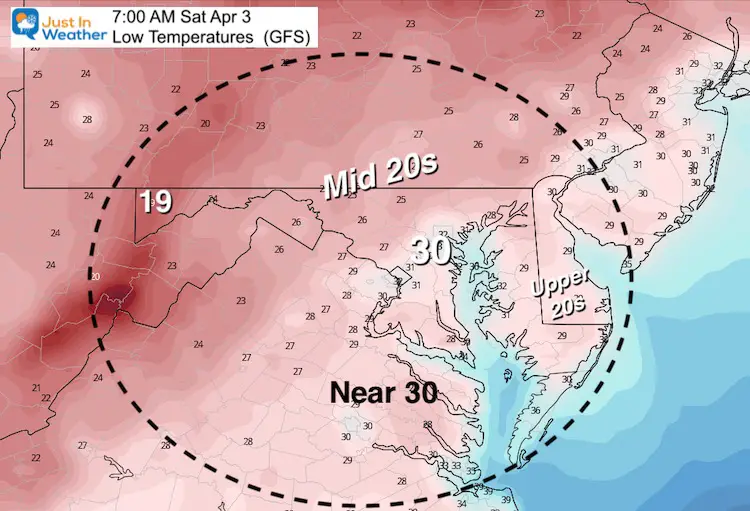 April 2 weather low temperatures Saturday GFS