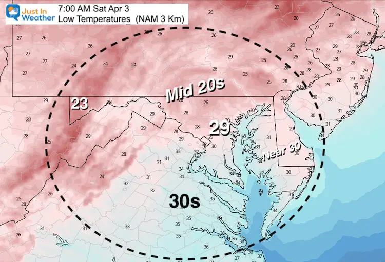 April 2 weather low temperatures Saturday NAM