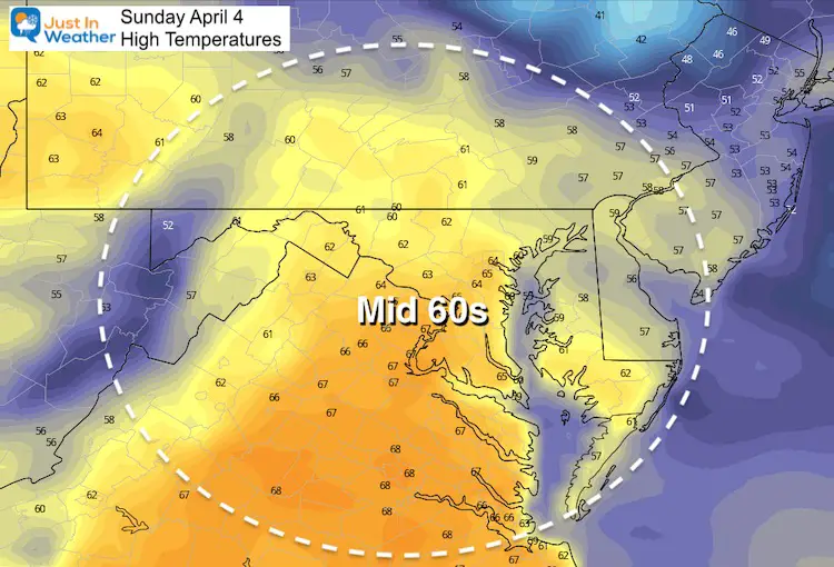 April 3 weather temperatures Easter Sunday afternoon
