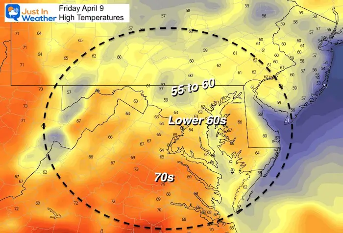 April 9 weather temperatures Friday afternoon